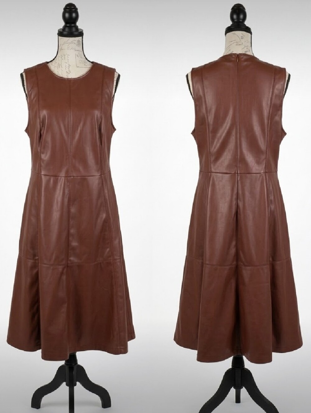 NY&C Sleeveless Fit and Flare Midi Dress Brown Faux Leather Women's 2X